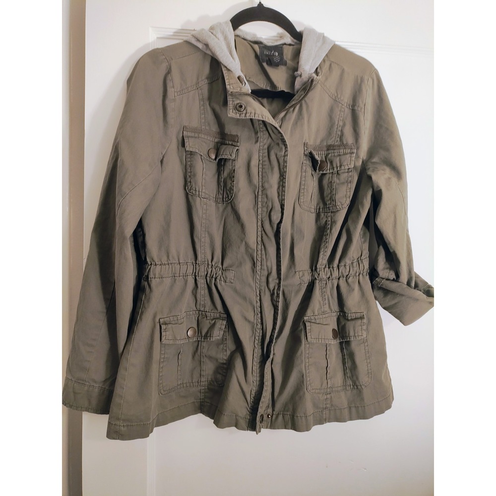 Full Tilt Juniors XL Olive Green Hooded Utility Jacket Military Cargo Cotton